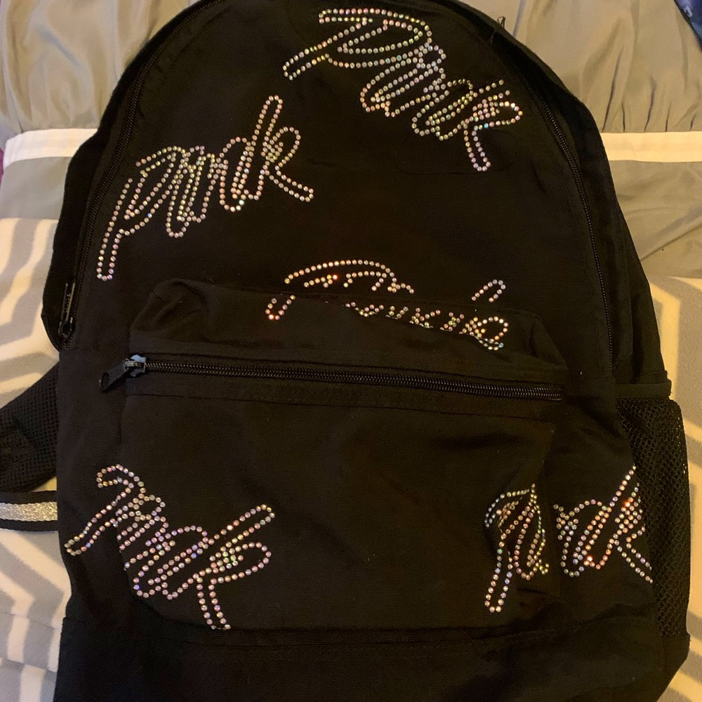 Victoria’s Secret Pink Black Rhinestoned Backpack.
